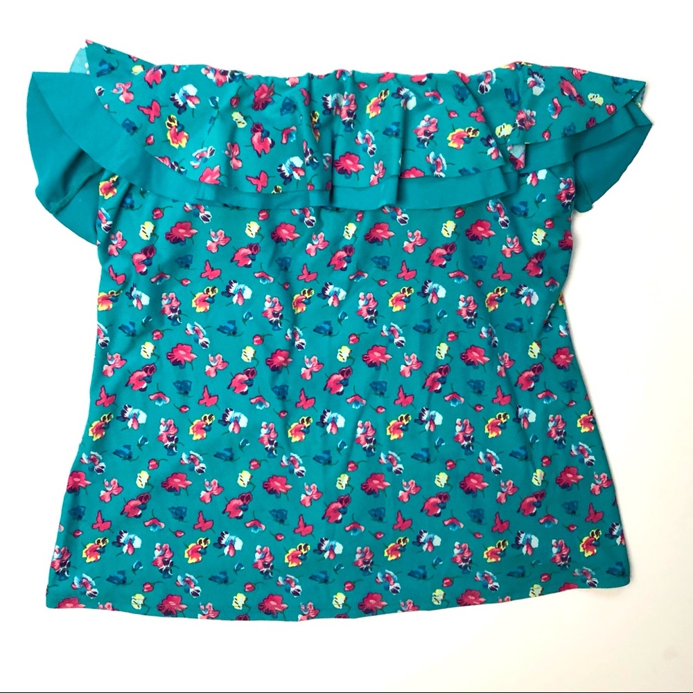 DKNY blue ruffled tankini top strapless floral